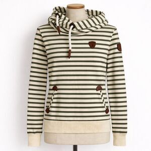 Wanakome Artemis Printed Grey Stripe Hoodie Size Small Cowl Neck Pockets Women's